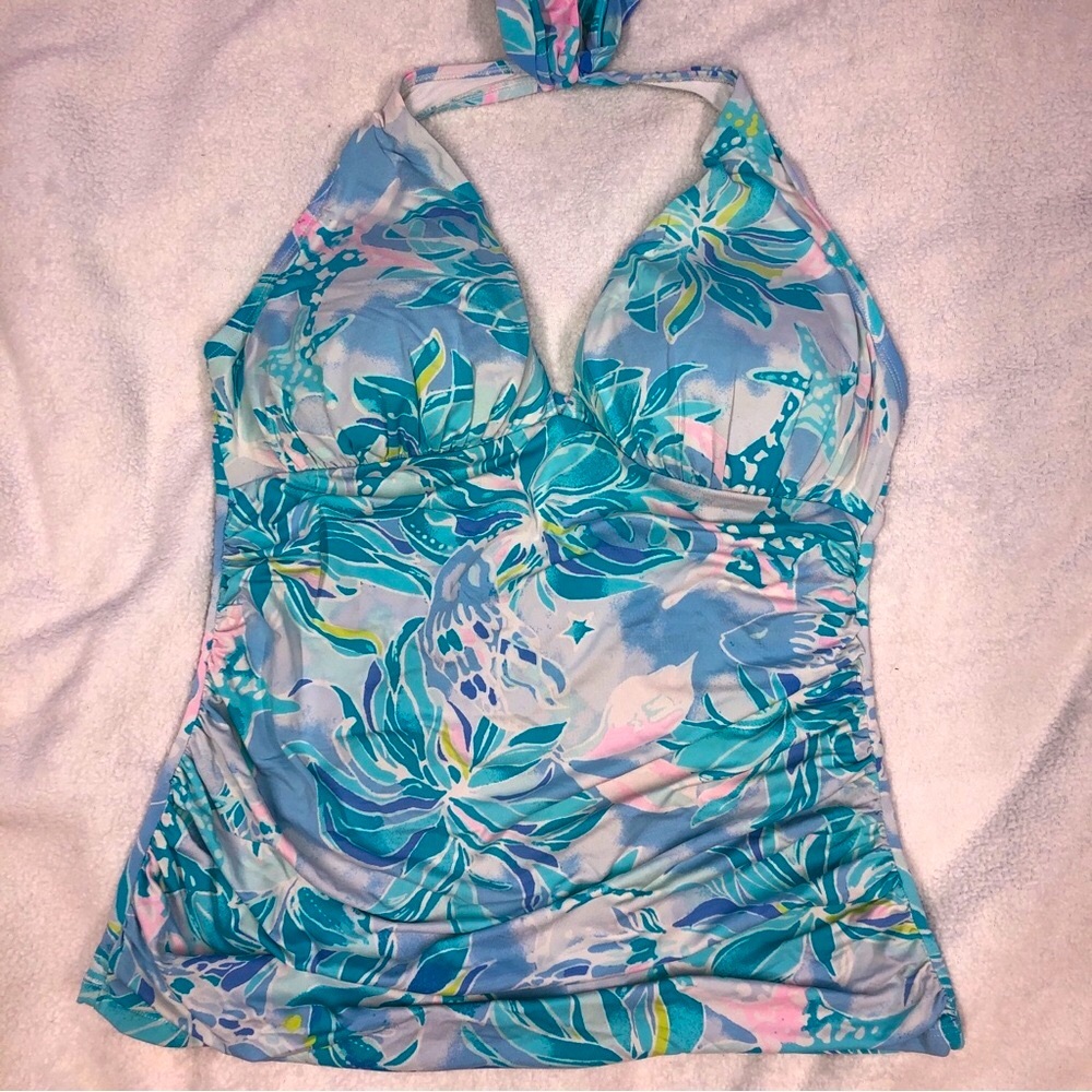 Lilly Pulitzer Blue Teal Floral Halter Tankini Top